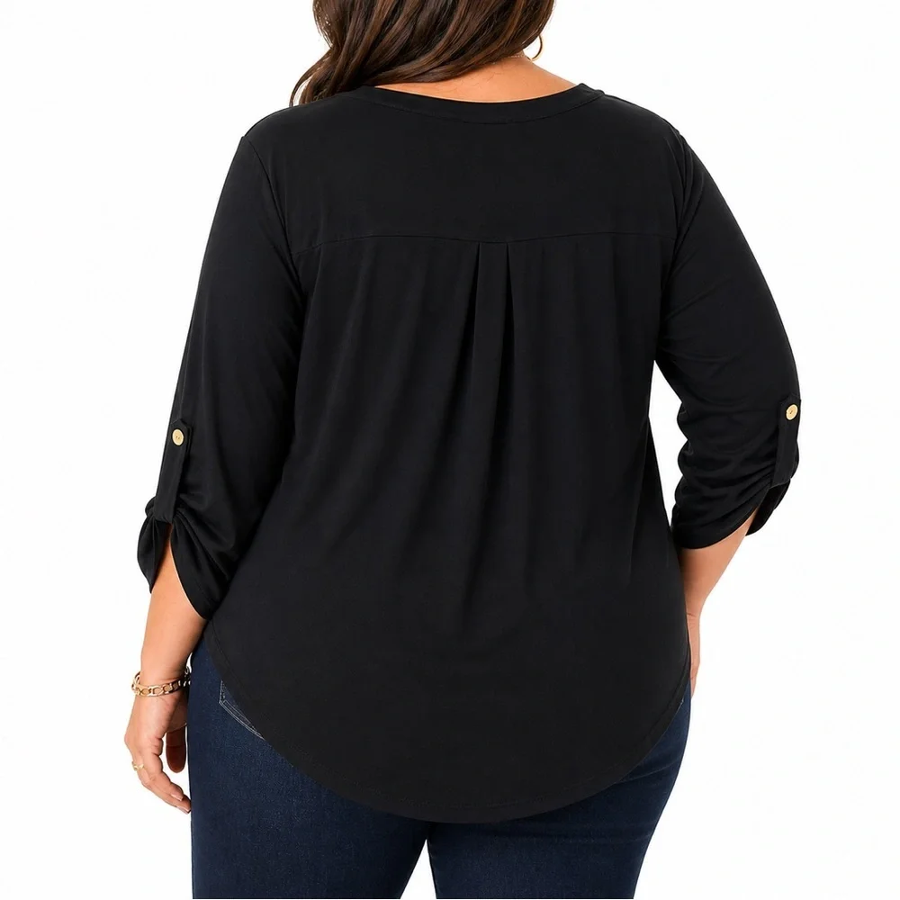 Michael Kors Black Zip Front Blouse Gold Hardware Roll Tab Sleeve 2X - Picture 2 of 12